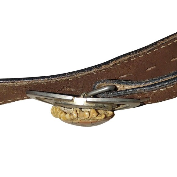Vintage Justin Belt Western Leather Brown Deer Antler Buckle Size 28 Fur Inlay - Picture 4 of 11